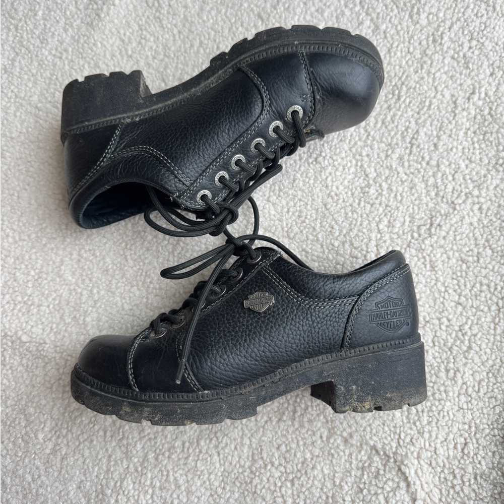 Y2K Women’s Harley Davidson Heel Clogs Black Leather Biker Boots Size 7